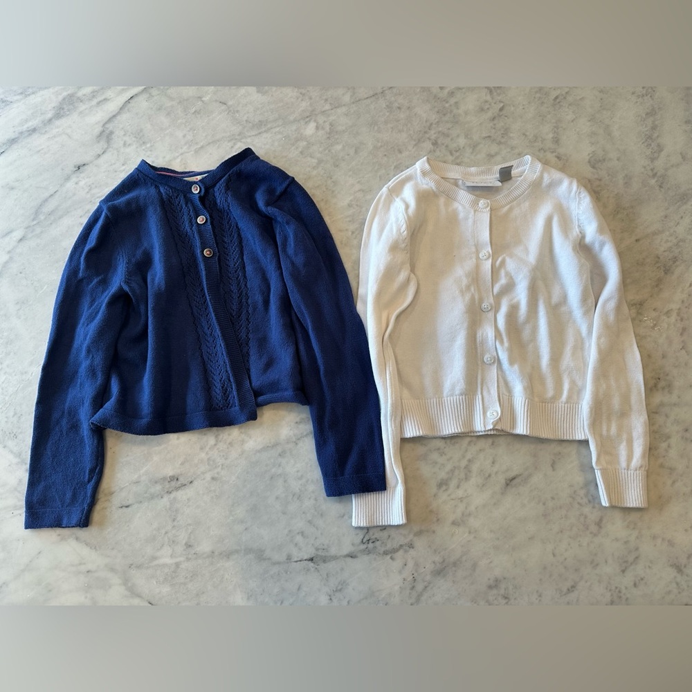 Blue ( Mini Boden) and White (Children’s Place) Button-Up Cardigans, Size 5-6